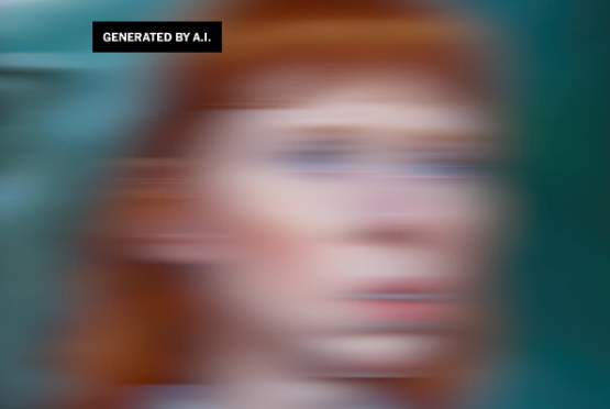 Blurred AI generated image of a girl with red hair on a green background.